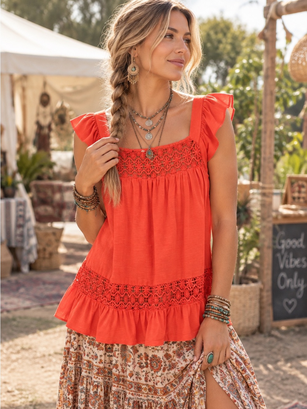 NWT ABSOLUTELY FAMOUS Polyester Orange Boho Flutter Sleeve/Crochet Blouse Size S